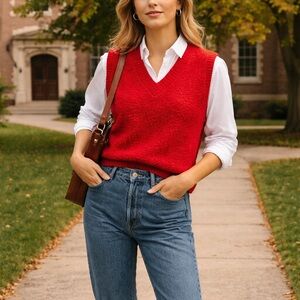 Vintage The Import Workshop Red Bouclé Sweater Vest M Preppy Grandpa Core Knit